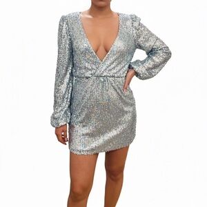 Wayf Silver Long Sleeve Sequin Dress
